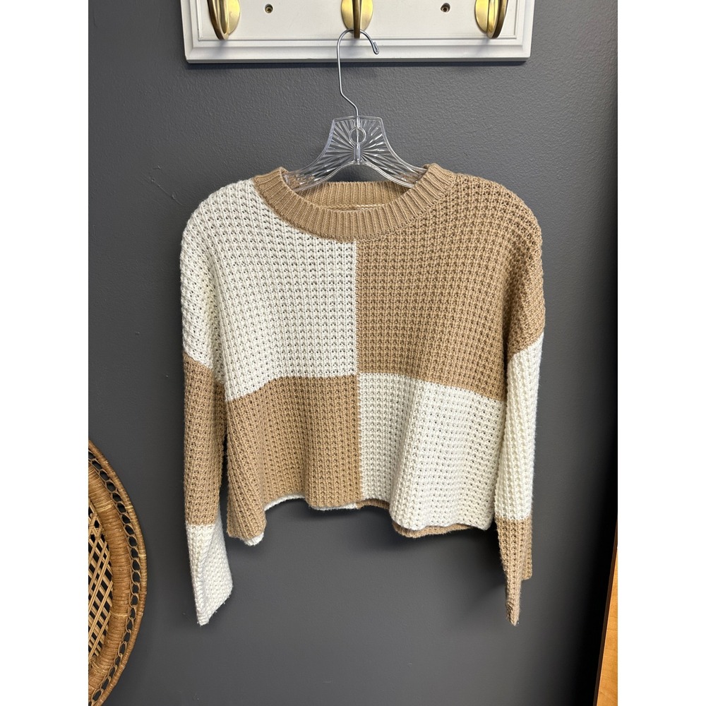 Jessica Simpson Womens XS Tan Cream Colorblock Checkerboard Knit Sweater